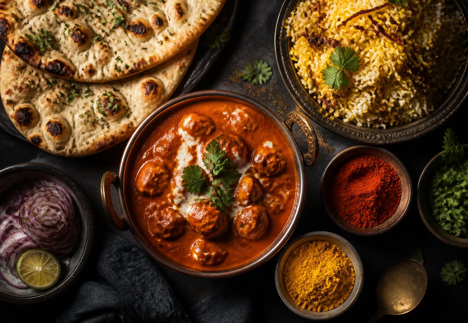 Tandoori naan, butter chicken and saffron biryani served with turmeric and chili